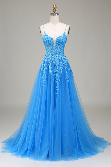 A-Line Spaghetti Straps Blue Tulle Ball Dress With Appliques